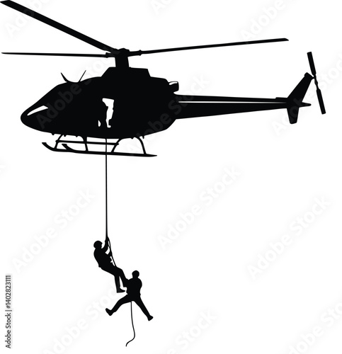 Black and white silhouette of a helicopter hovering with two individuals hanging from a rope, suggesting an intense rescue operation