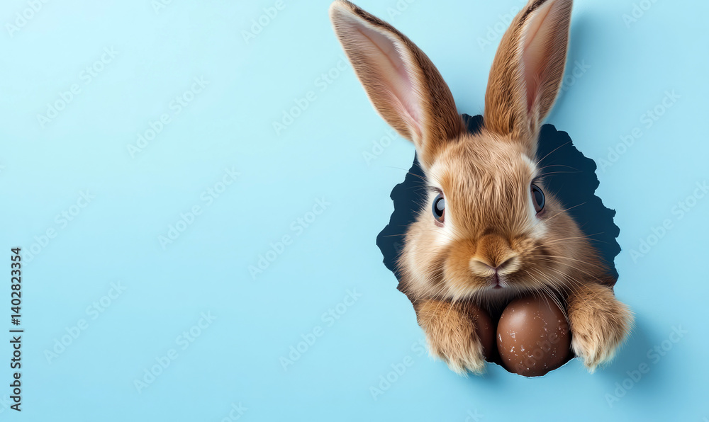 Fototapeta premium Cute Easter bunny with eggs peeking through a hole in a blue paper banner background,