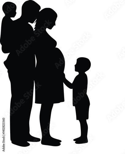 Black and white silhouette of a close-knit family scene, featuring a pregnant adult, a child touching the belly, and another on their back
