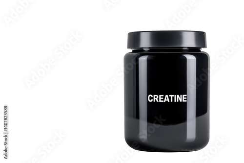 Black plastic jar of creatine sport nutrition supplement on transparent background