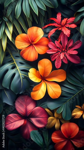 Tropical Floral Phone Wallpaper   Vibrant Orange  Red & Purple Blossoms with Lush Green Leaves | HD Vertical Mobile Background

