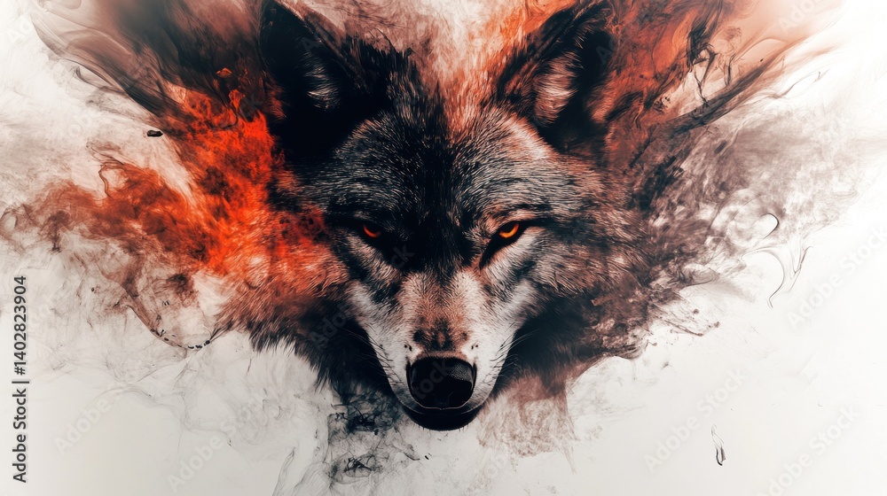 Naklejka premium Powerful wolf portrait, engulfed in vibrant smoke and fire.