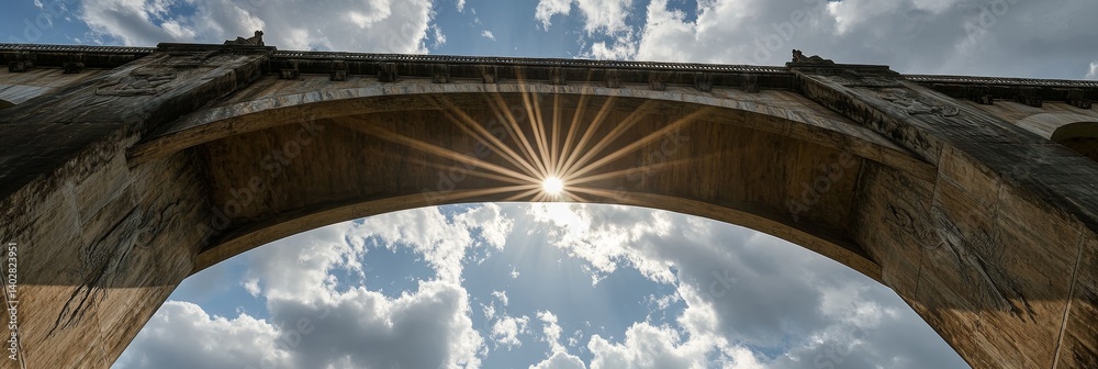 Stone arch structure against a cloudy sky with sunburst effect.