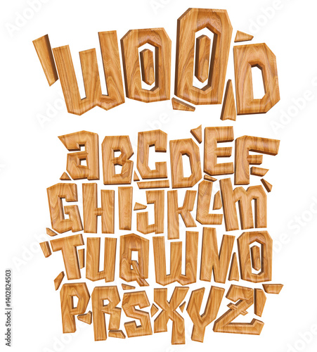 Fototapeta Naklejka Na Ścianę i Meble -  Wooden alphabet font set, 3d illustration, isolated on white background. modern abstract font and alphabet.
