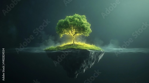 A surreal levitating island with a tree glowing softly against a deep black expanse