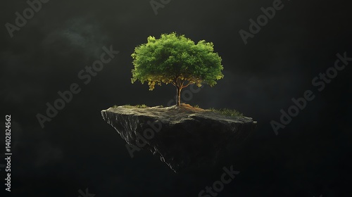 A surreal levitating island with a tree glowing softly against a deep black expanse