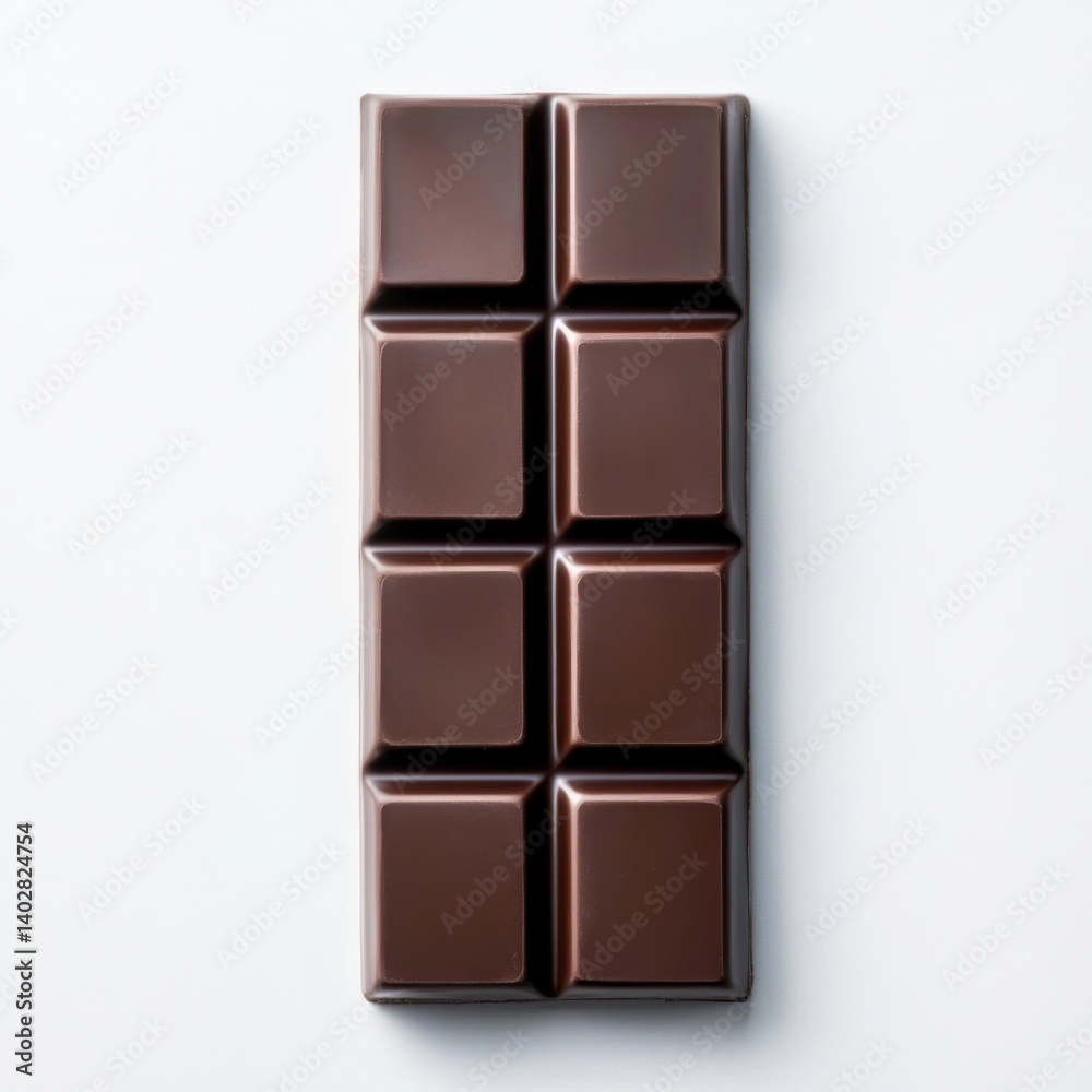 A rich dark chocolate bar with a glossy surface and perfectly segmented squares, isolated white background, hyperrealism art style A rich dark chocolate bar with a glossy surface and perfectly segmented squares, isolated white background, hyperrealism art style