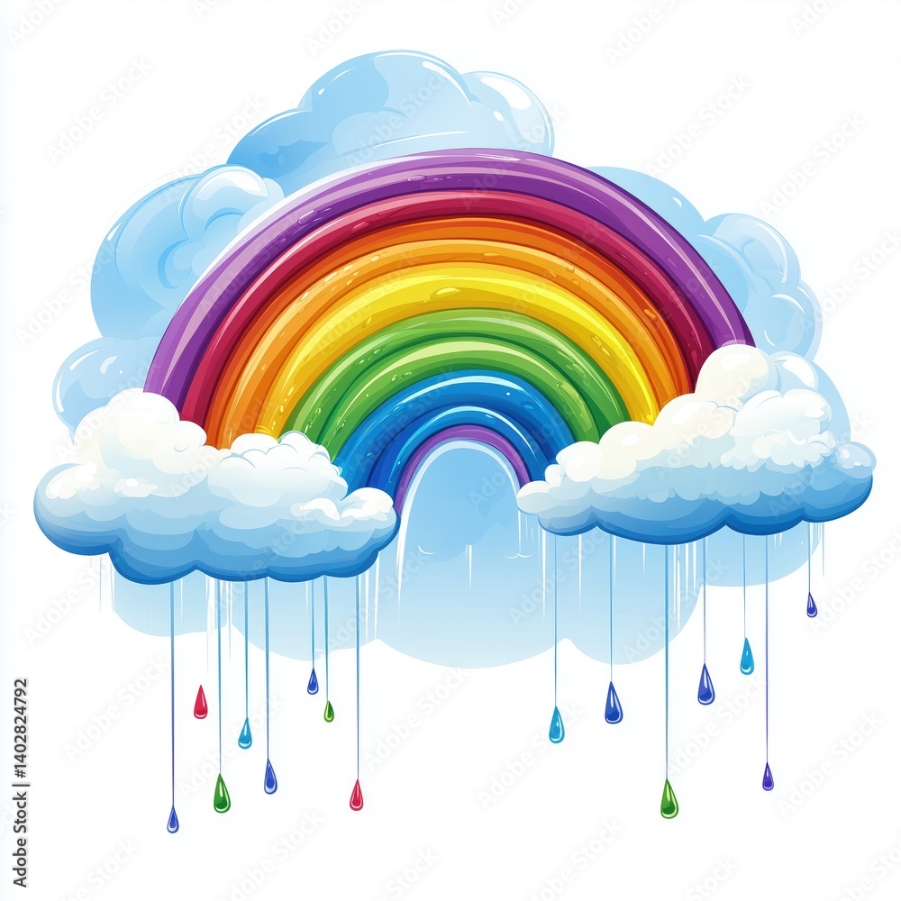 Colorful rainbow arches over fluffy clouds with rain drops