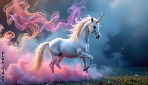 Ethereal Mist The unicorn emerging from a mystical fog, with colorful wisps of smoke curling around its graceful form.