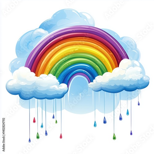 Colorful rainbow arches over fluffy clouds with rain drops