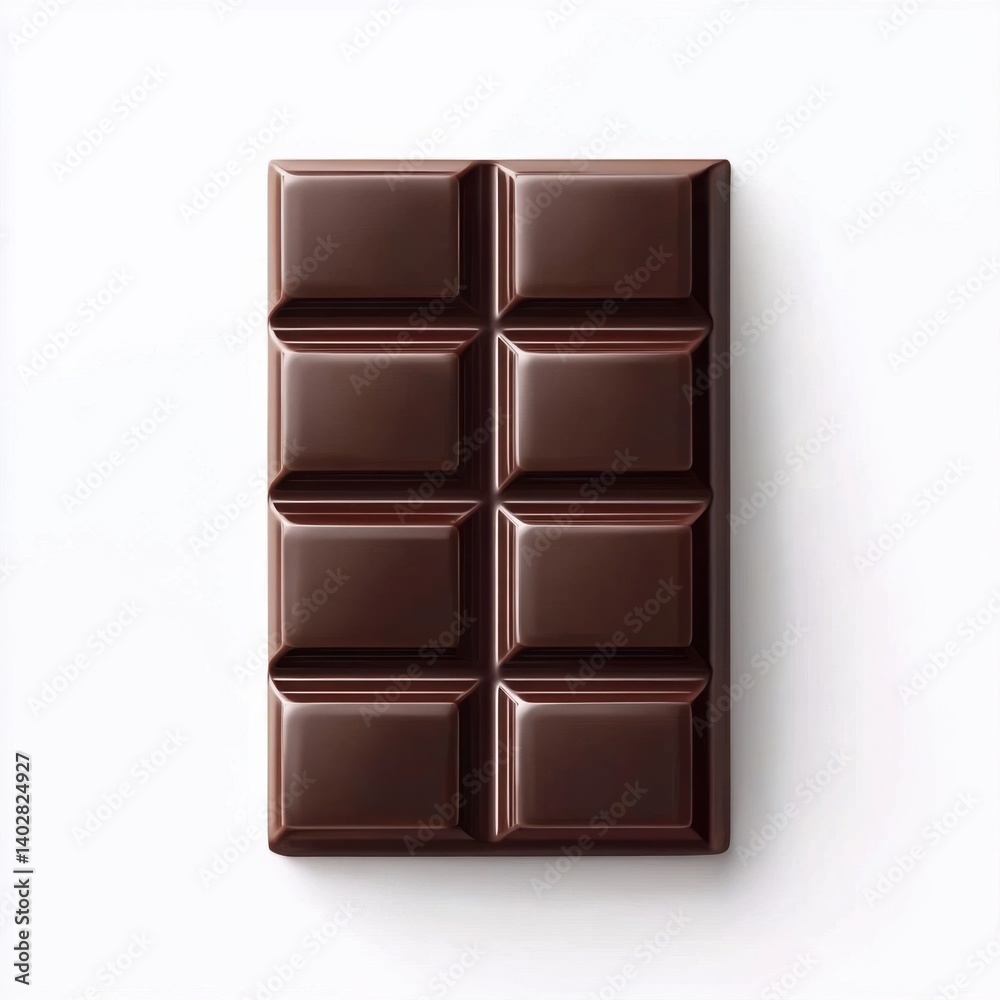 Naklejka premium A rich dark chocolate bar with smooth, glossy surface and distinct square sections, isolated white background