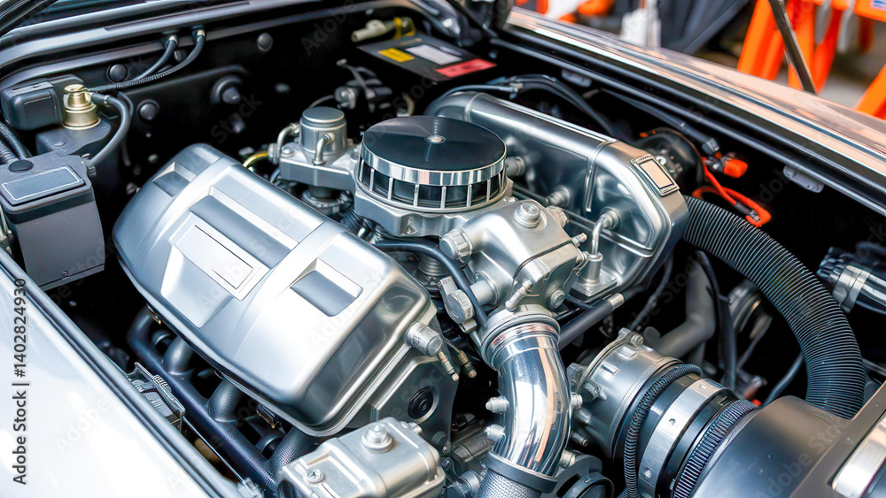 A close-up of a high-performance automobile engine with detailed elements and reflective surfaces. Industrial lighting highlights the metallic textures and complex mechanical construction. A close-up of a high-performance automobile engine with detailed elements and reflective surfaces. Industrial lighting highlights the metallic textures and complex mechanical construction.
