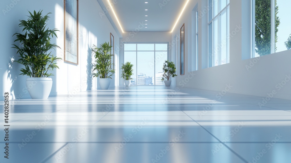 Sunlit Modern Hallway with Plants and City Views Sunlit Modern Hallway with Plants and City Views