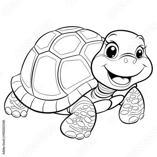 black and white cartoon turtle with rounded shell and smiling face, bold outlines perfect for kids coloring books, isolated on white