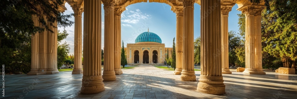 Building with a blue dome seen through a colonnade on a sunny day.