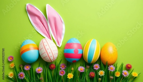 Colorful vertical painted Easter eggs and playful bunny ears on a vibrant green background creating a festive spring composition