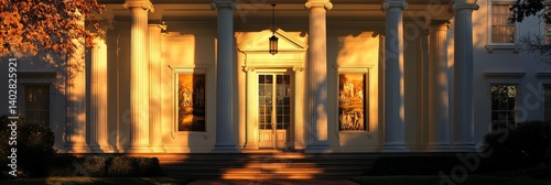 Obraz na płótnie Building facade with columns and a door bathed in warm light. w salonie