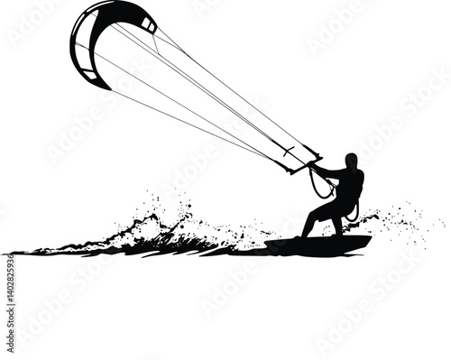 Black and white silhouette of a kiteboarder mid-action, gliding across the water with waves splashing behind, holding onto a soaring kite