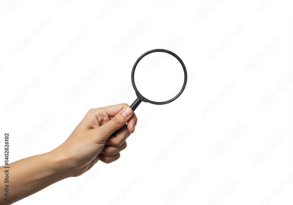 Hand holding magnifier tool isolated on white background Hand holding magnifier tool isolated on white background