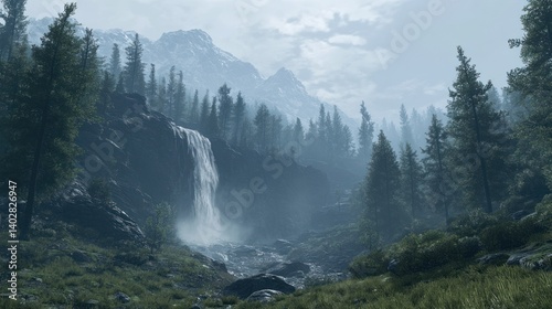 A beautiful waterfall cascades through a forest scene peacefully