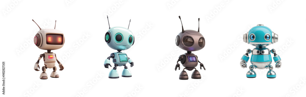 Four cute toy robots with different colors and designs standing in a straight line together Four cute toy robots with different colors and designs standing in a straight line together
