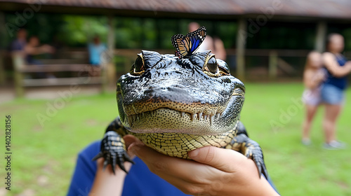 A small alligator with a butterfly on its head held by a person. photo