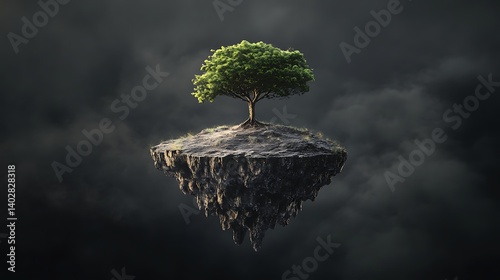 A dreamlike floating island with a tree in a weightless surreal black realm