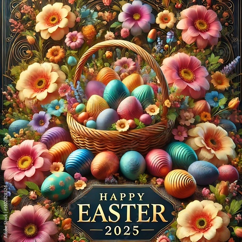 Vibrant Easter Celebration: Festive Wicker Basket of Decorated Eggs and Lush Floral Arrangement with 'HAPPY EASTER 2025' Banner on a Colorful Backdrop