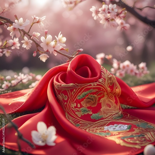  Close-up of intricate floral patterns on a red hanfu dress, 