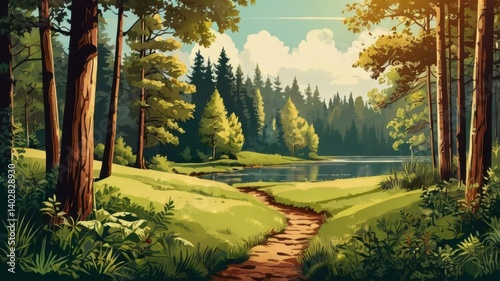 Vintage-style vector of a summer forest landscape