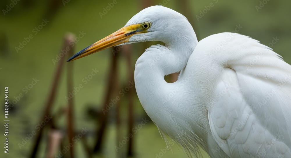 Majestic great egret with white plumage and long yellow beak in wetland habitat Majestic great egret with white plumage and long yellow beak in wetland habitat