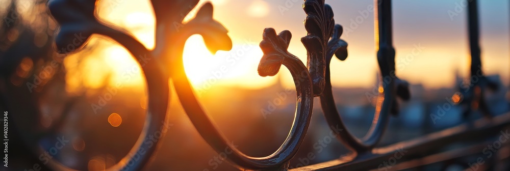 Wrought iron fence silhouetted against a bright sunrise or sunset sky.
