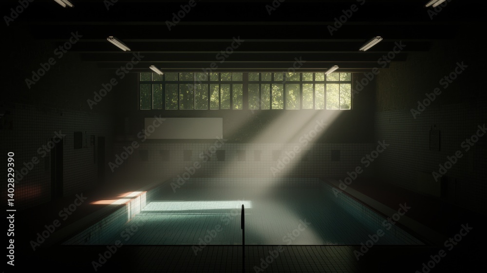A dimly lit indoor swimming pool with a large window and a white sign on the wall. A dimly lit indoor swimming pool with a large window and a white sign on the wall.