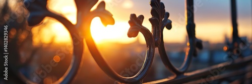 Obraz na płótnie Wrought iron fence silhouetted against a bright sunrise or sunset sky. w salonie