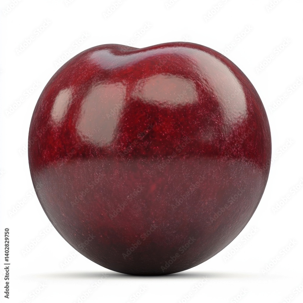 Obraz premium A ripe deep red cherry with a glossy finish and smooth skin, isolated white background, hyperrealism art style