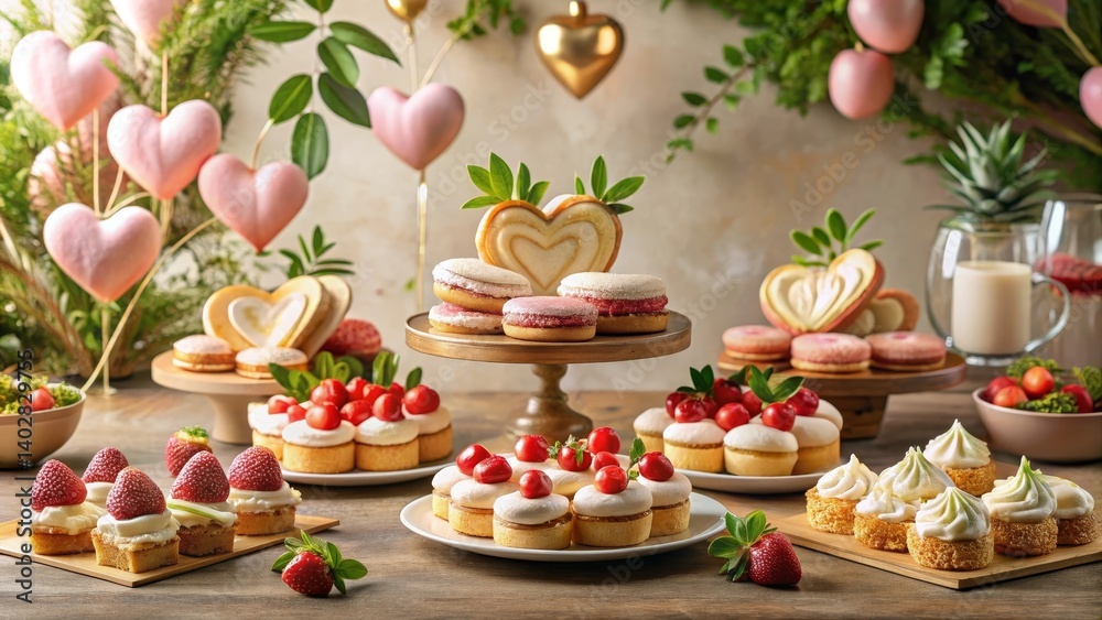 Fototapeta premium A delightful assortment of heart-shaped pastries and sweet treats arranged on elegant platters, complemented by fresh berries and lush greenery, creates a charming and festive table setting.