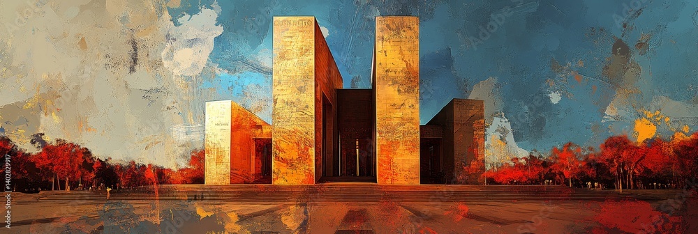 Golden buildings reflected in water under a blue sky with clouds.