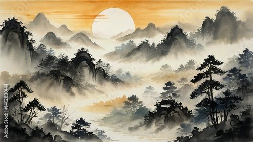 Misty forest and mountains at sunrise with soft light