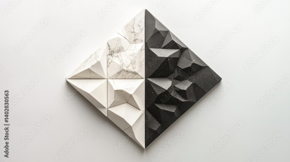Abstract Art: A 3D geometric design composed of black and white cubes and triangles.