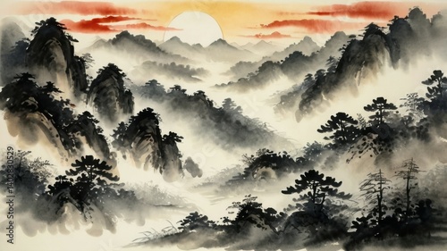 Misty forest and mountains at sunrise with soft light