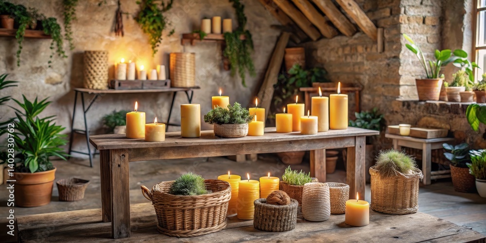 Fototapeta premium Rustic interior scene with numerous lit beeswax candles arranged on wooden furniture among potted plants and wicker baskets