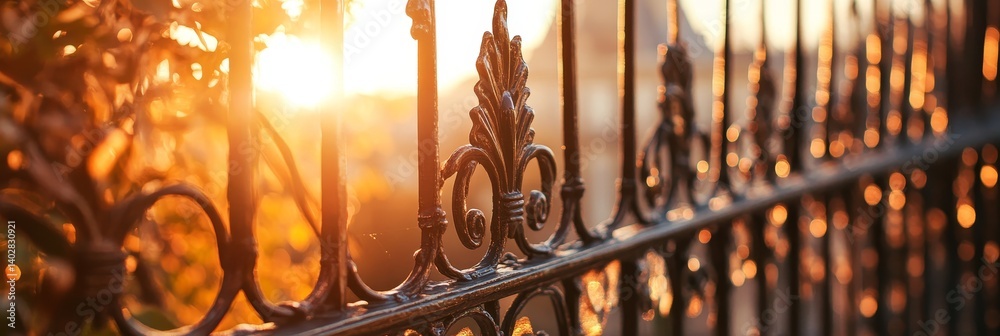 Ornate metal fence with sunlight shining through in a blurry outdoor setting.