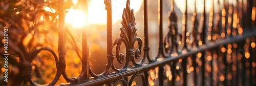 Obraz na płótnie Ornate metal fence with sunlight shining through in a blurry outdoor setting. w salonie