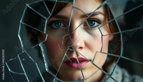 A woman's face reflected in broken glass symbolizes healing and resilience after domestic violence.