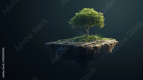 A serene floating island with a tree resting peacefully in complete darkness