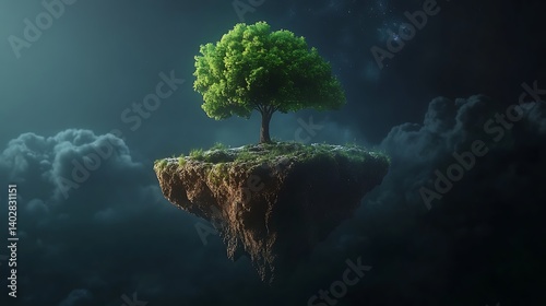 A serene floating island with a tree resting peacefully in complete darkness