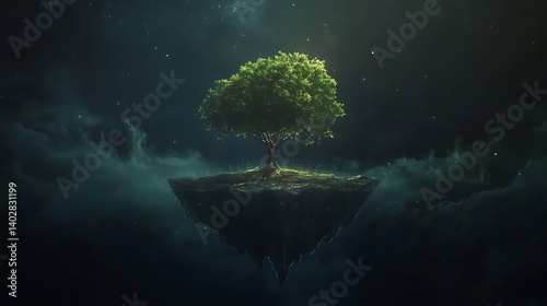 A serene floating island with a tree resting peacefully in complete darkness