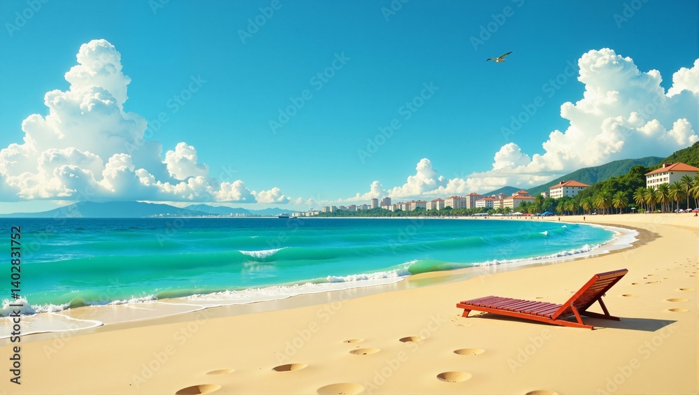 Obraz premium Vibrant City Beach in Brazil Recife with red chair on sand, crystal clear blue water, lush green trees, bright blue sky. Concept of Vibrant City Beach in Brazil Recife landscape.
