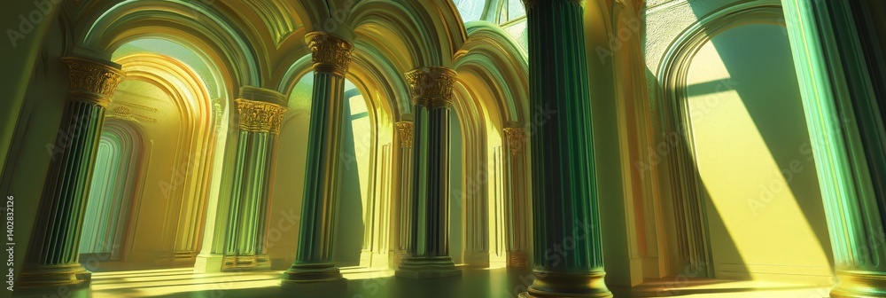 Interior view of a building with columns and arches bathed in light.