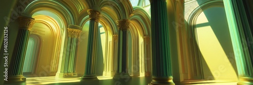 Obraz na płótnie Interior view of a building with columns and arches bathed in light. w salonie